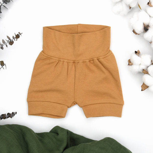 Organic Cotton High Waist Baby Shorts, Camel Organic Earthy Clothing
